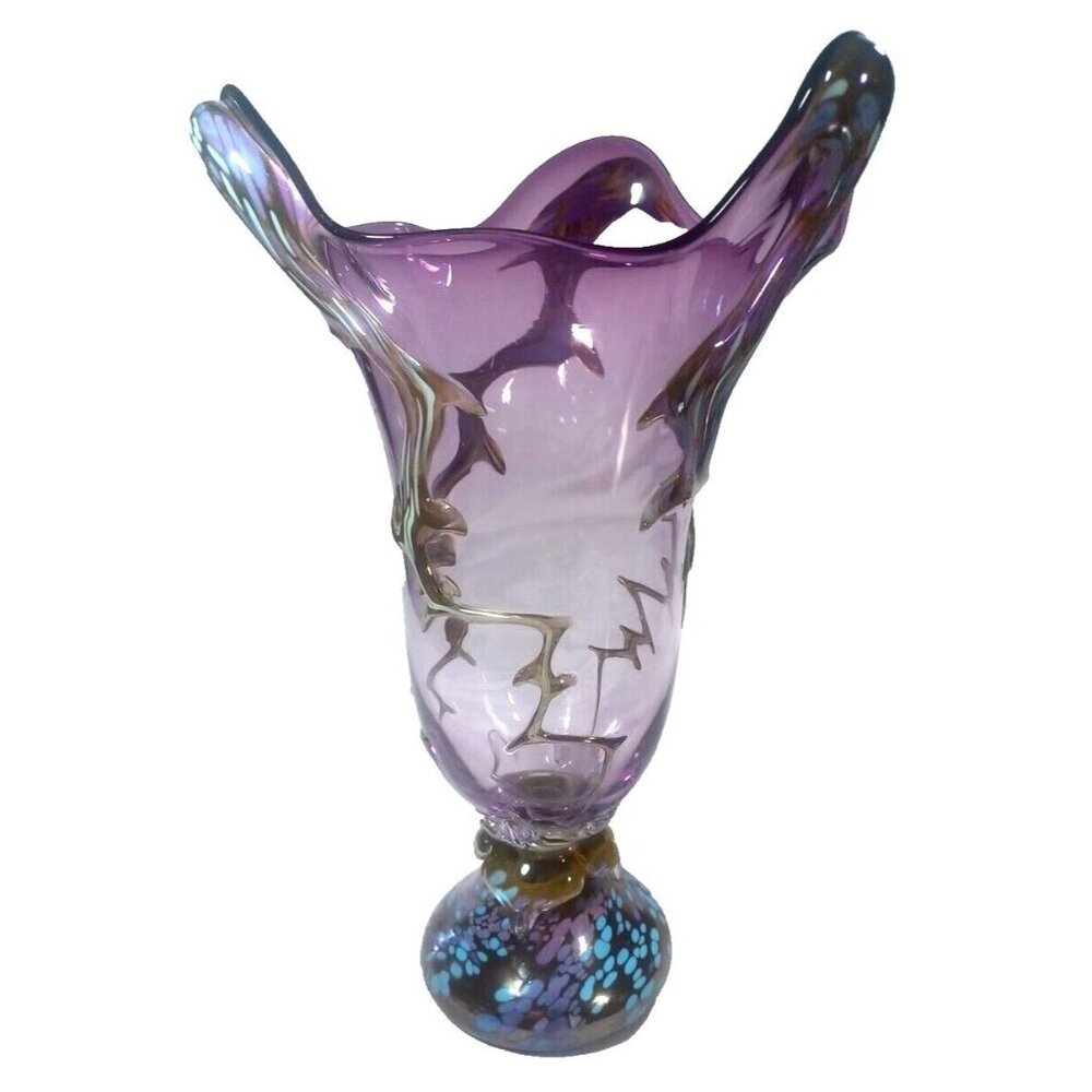 Unique 13 X 7.5  Purple Art Deco Murano Vines Confetti Centerpiece Vase Vintage - Picture 11 of 16